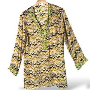 RAJ 100% Silk Heavily Beaded Embellished Swim Suit Coverup MADE IN INDIA Sz XL